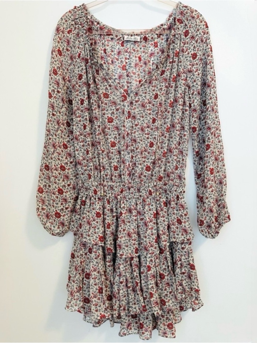 LoveShackFancy Granada Silk Mini Dress Red Floral Off Shoulder Ruffle Boho Small - Picture 4 of 10